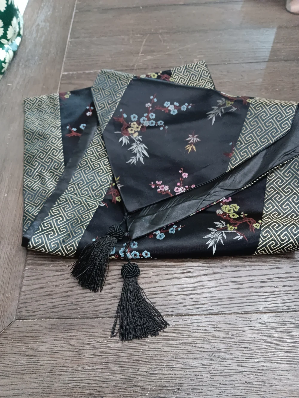 Black Floral & Gold Patterned Table Runner With Tassles 68 By 12.5